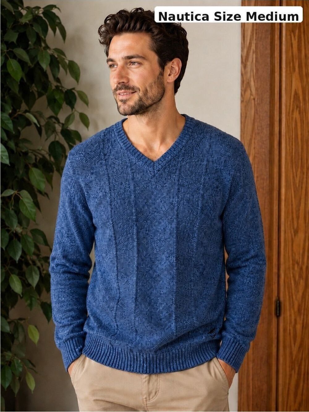 Nautica Men’s Blue Marled V-Neck Sweater Size Medium 100% Cotton
